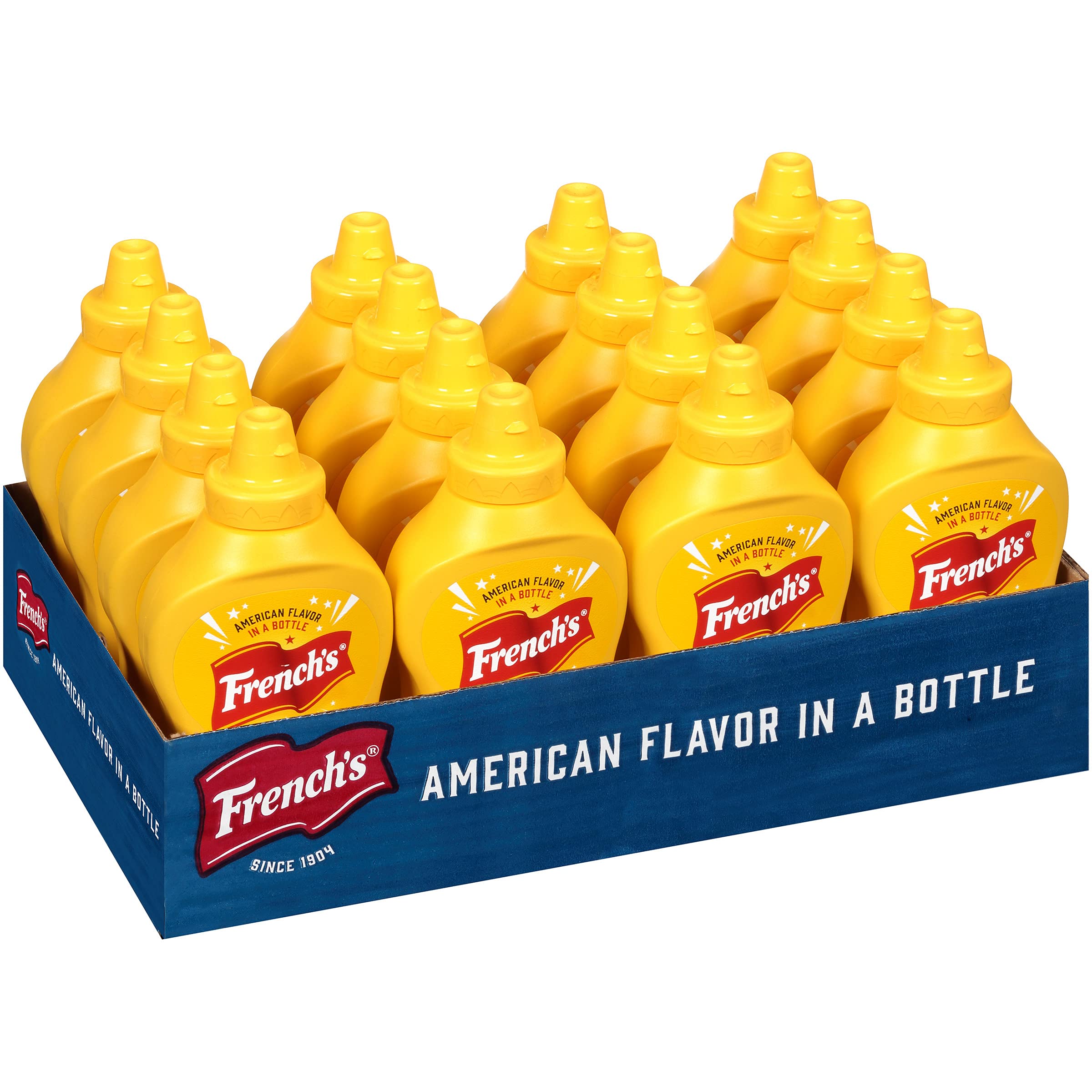 French's Classic Yellow Mustard bottle on kitchen counter elevates hot dog flavor