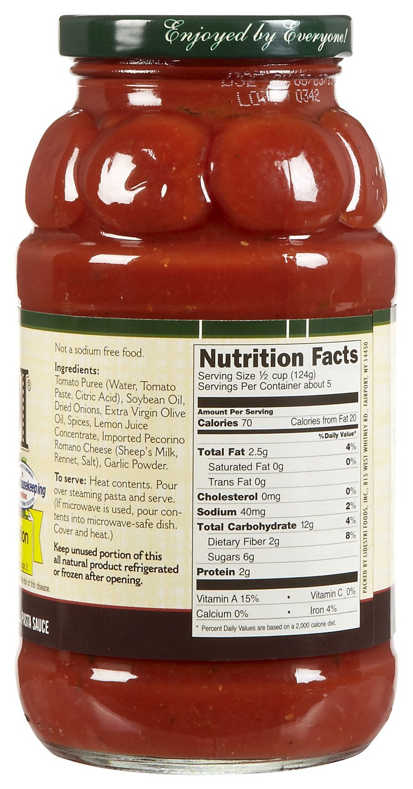 Francesco Rinaldi pasta sauce close-up shows tomato puree and pecorino Romano flavor.