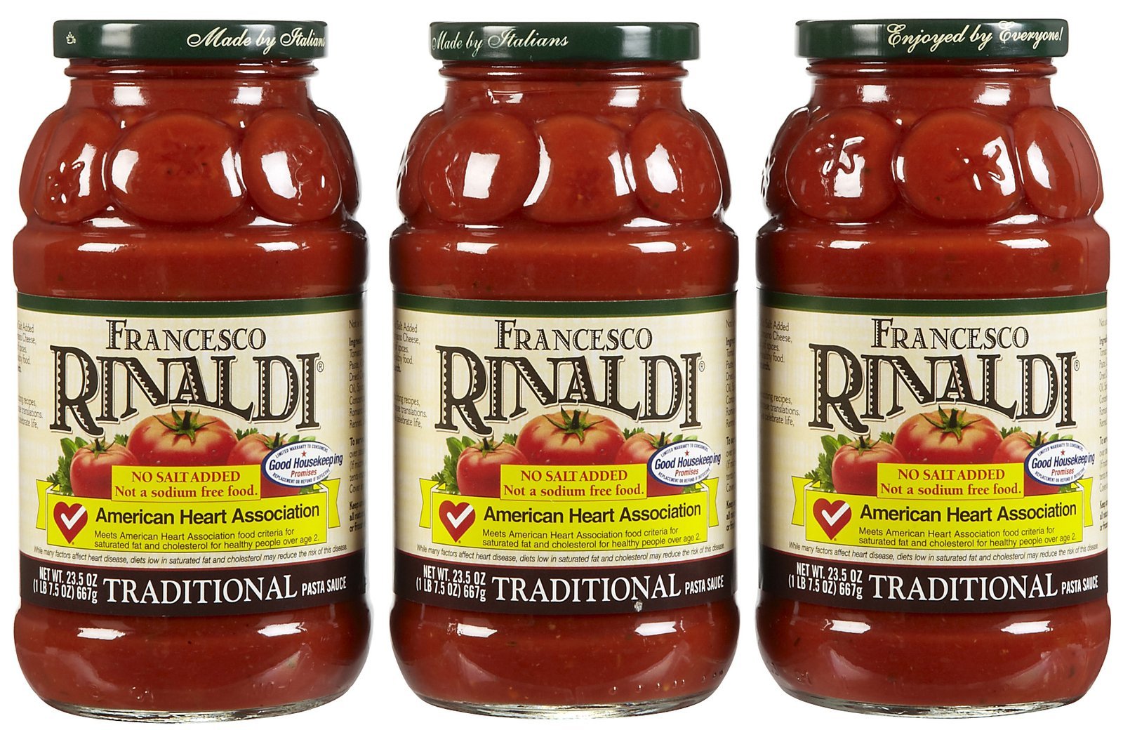 Francesco Rinaldi no-salt-added pasta sauce bottle for sodium-conscious meals.