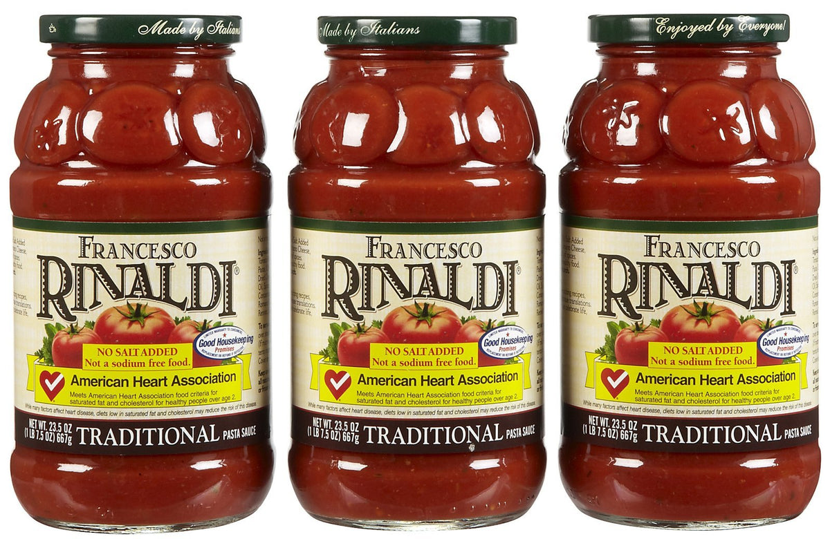 Francesco Rinaldi no-salt-added pasta sauce bottle for sodium-conscious meals.
