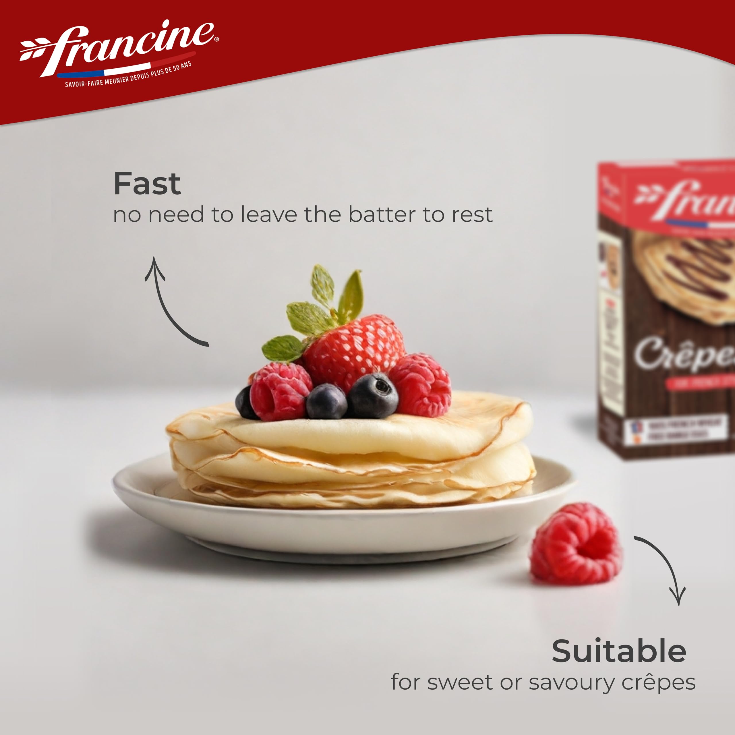 Francine crepe pan cooking reveals golden edges and foldable crepes