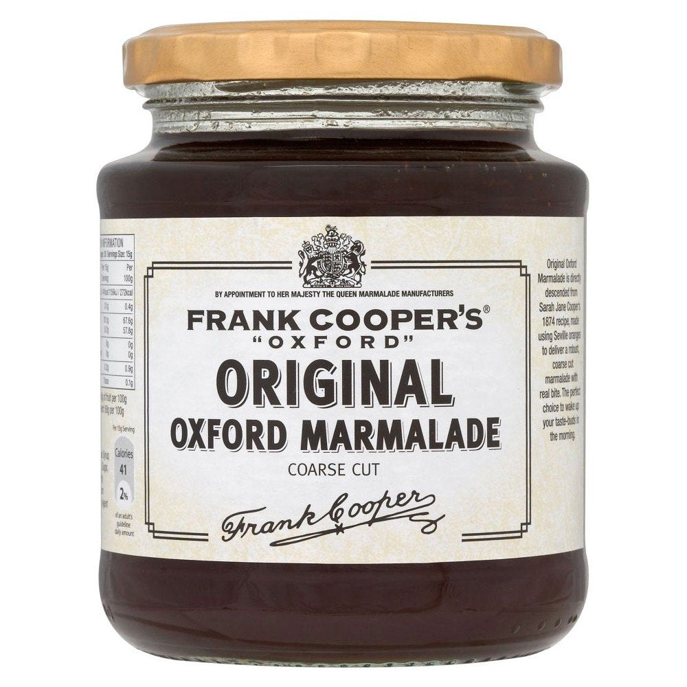 Frank Cooper's Oxford orange marmalade jar, ideal for topping toast with bright citrus.