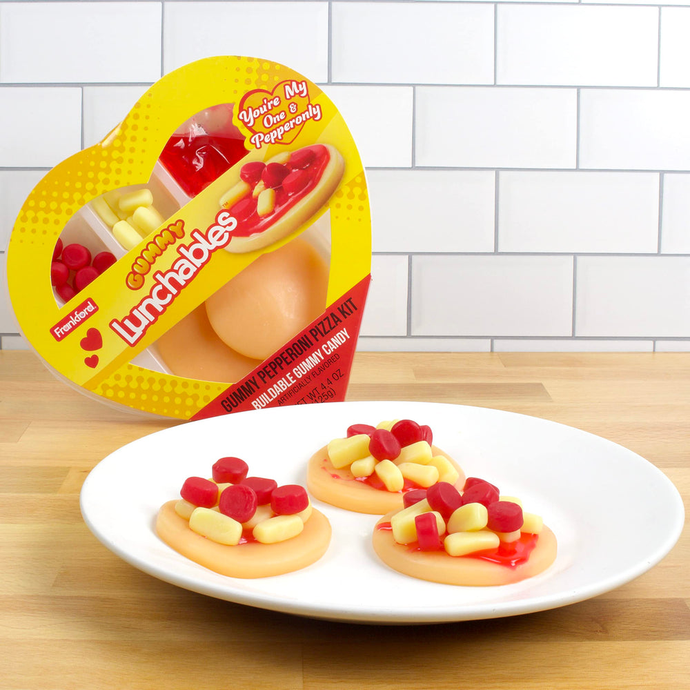Frankford Lunchables gummy candy pizza kit contents gummies with vibrant flavors for sharing