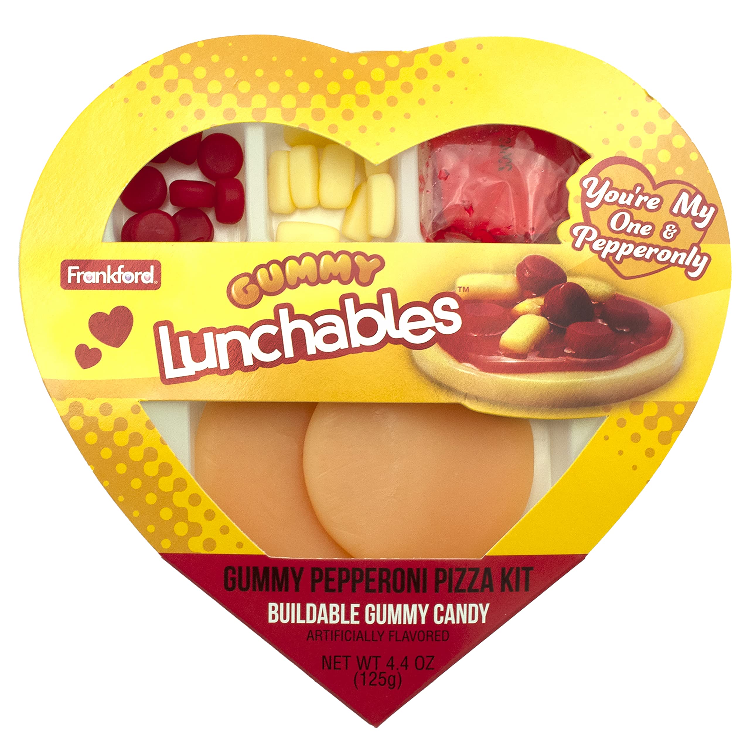 Frankford Lunchables gummy candy pizza kit heart box front, playful Valentine gift idea
