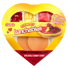 Frankford Lunchables gummy candy pizza kit heart box front, playful Valentine gift idea
