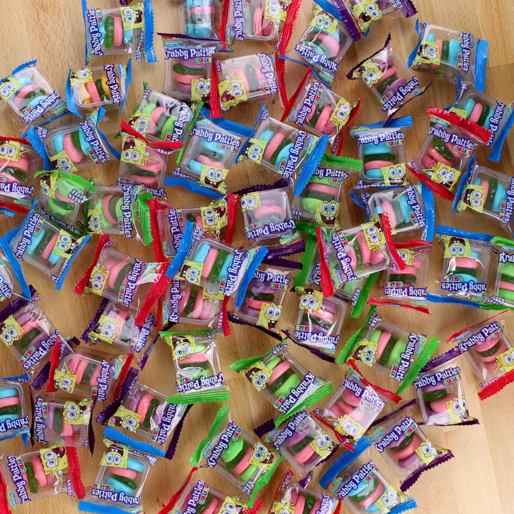 Frankford Krabby Patties gummies grape flavor, eye-catching blue raspberry mix for celebrations.