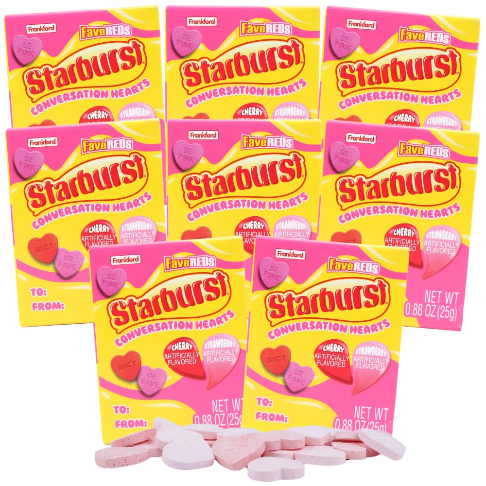 Frankford Starburst Conversations Hearts cherry flavor, ideal for classroom exchanges and sharing.