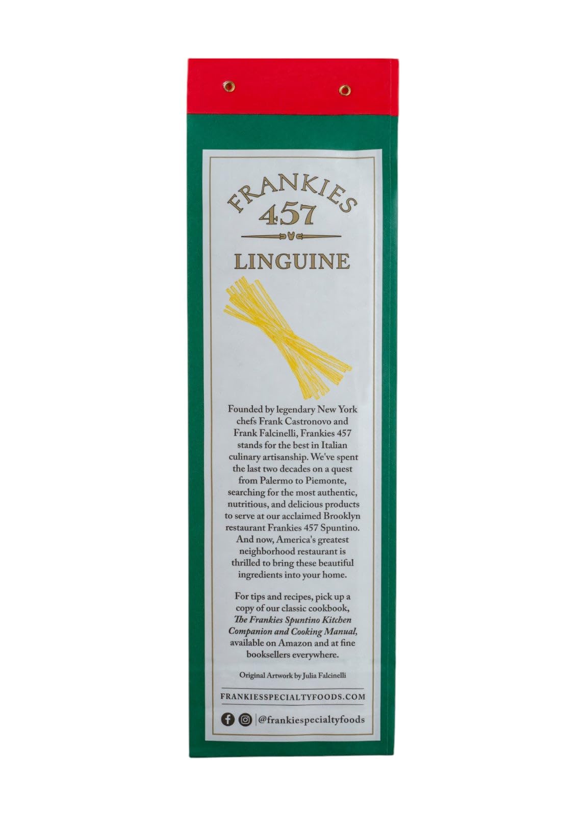 Frankies 457 artisanal linguine cooked-plate shows round strands ideal for twirl-and-bite dining.