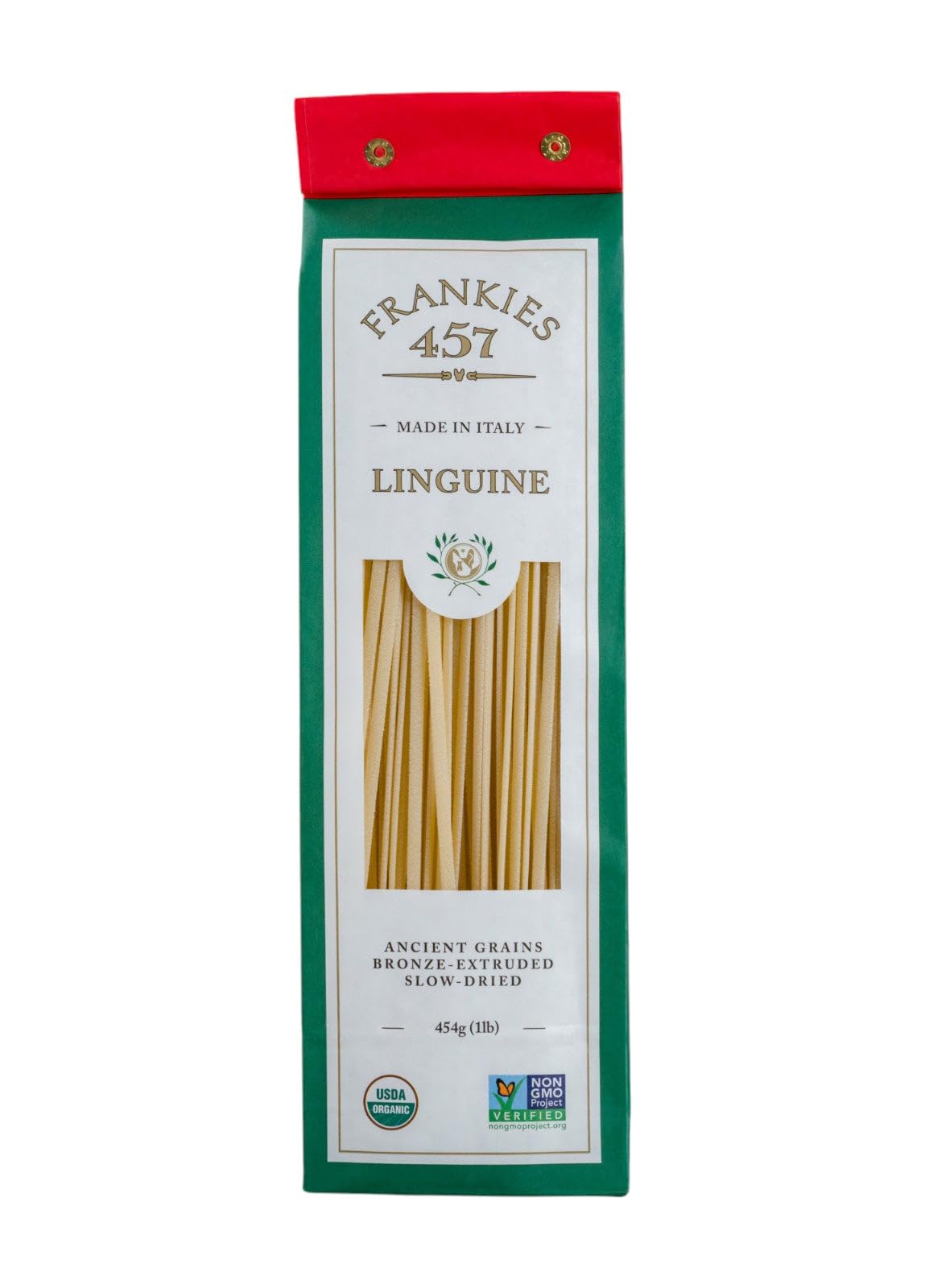 Frankies 457 artisanal linguine packshot highlights premium ingredients for a gourmet Italian meal.
