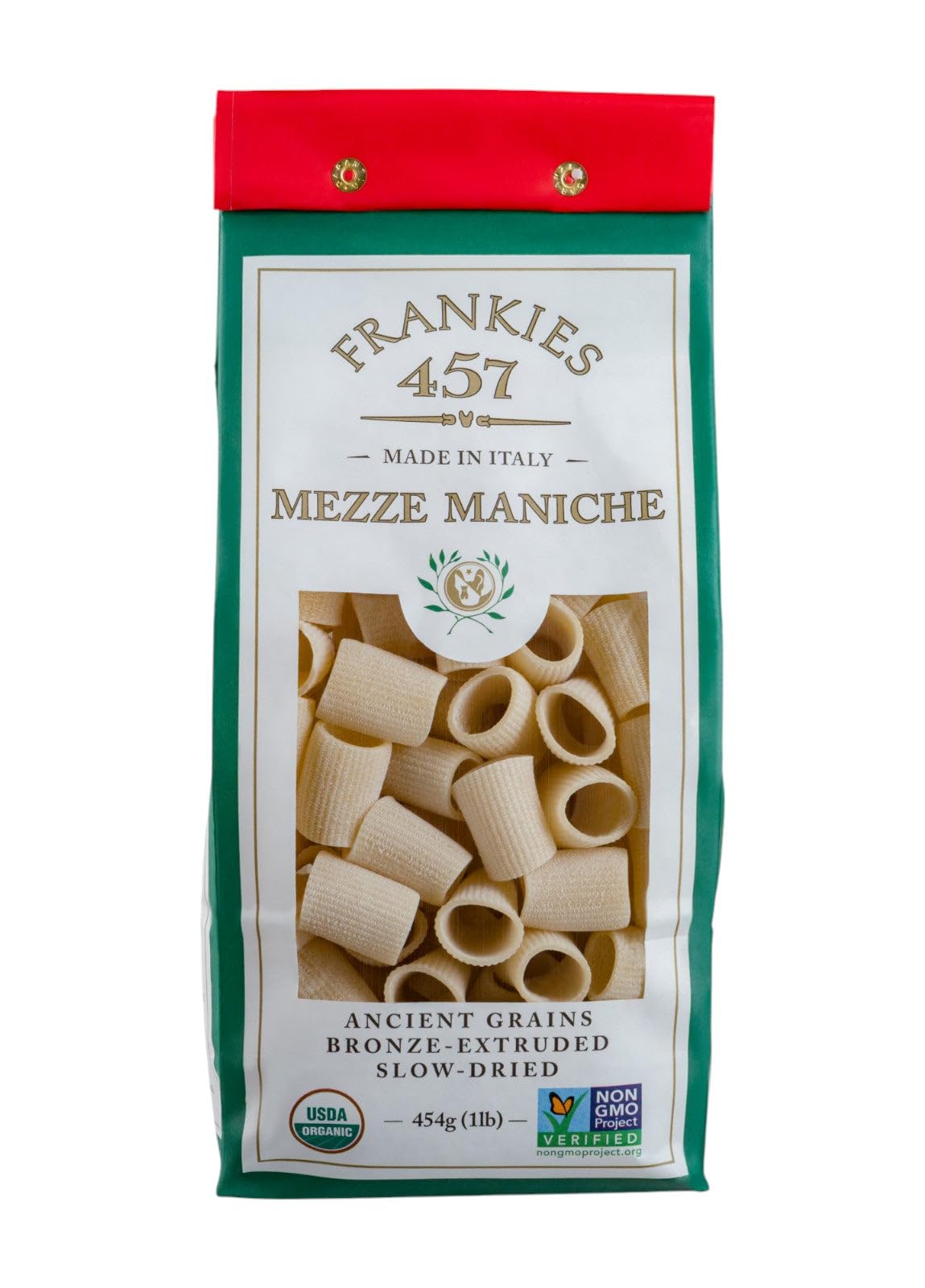 Frankies 457 artisanal mezze maniche packaging highlighting premium quality