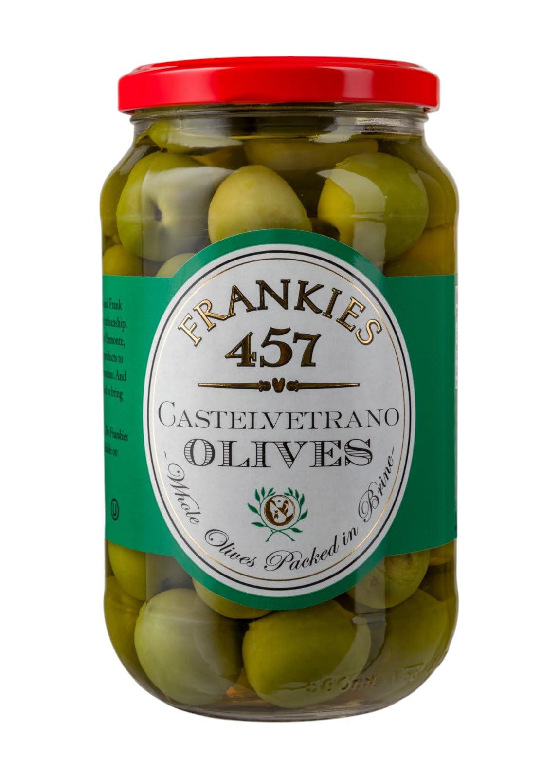 Frankies 457 Castelvetrano olives in a jar highlighting buttery texture for snacking.