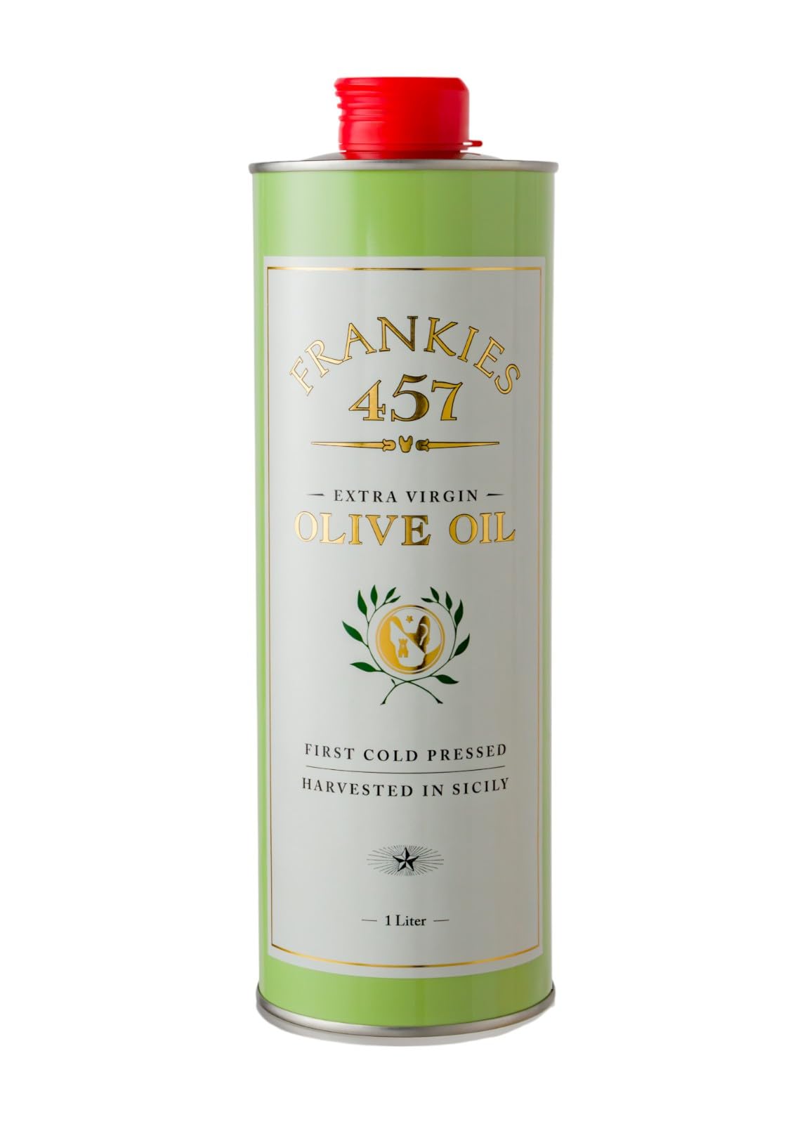 Frankies 457 Everday EVOO bottle pour highlighting its rich aroma and culinary use.