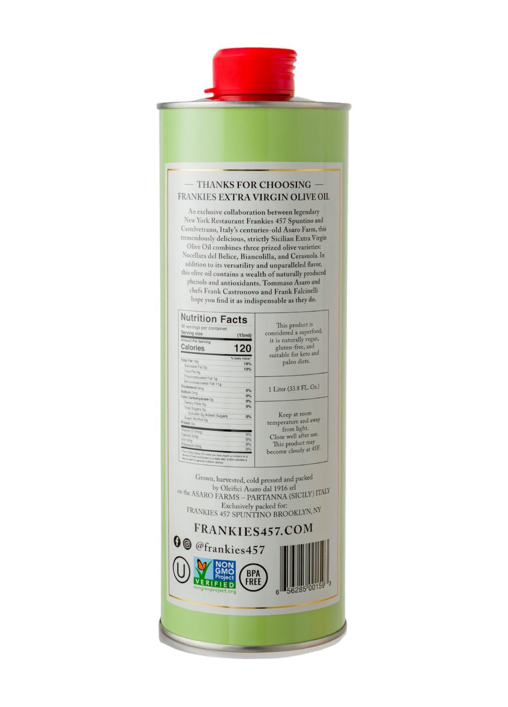 Frankies 457 Everday EVOO label closeup emphasizing Sicilian heritage and quality.