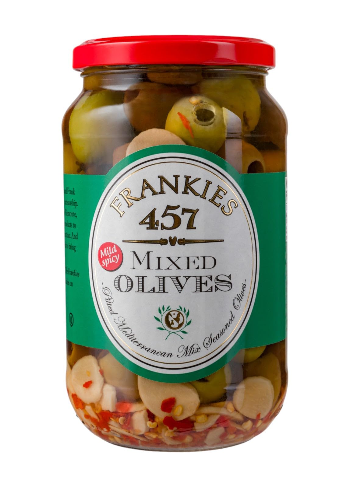 Frankies 457 mixed olives in a jar, ideal for elegant entertaining.