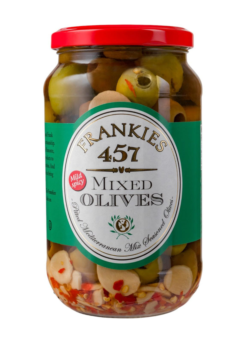 Frankies 457 mixed olives in a jar, ideal for elegant entertaining.