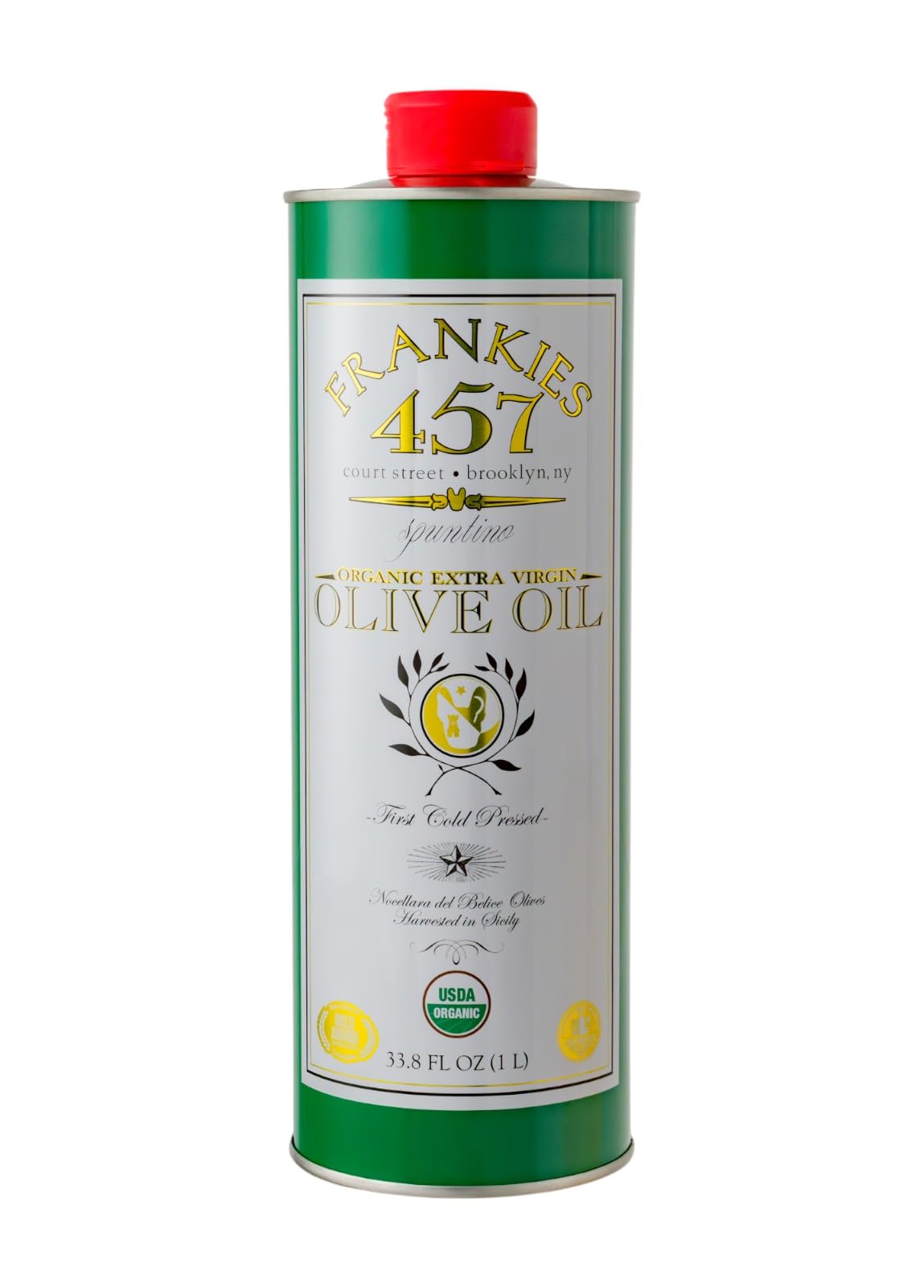 Frankies 457 Organic Olive Oil bottle pouring to finish dishes with rich flavor.