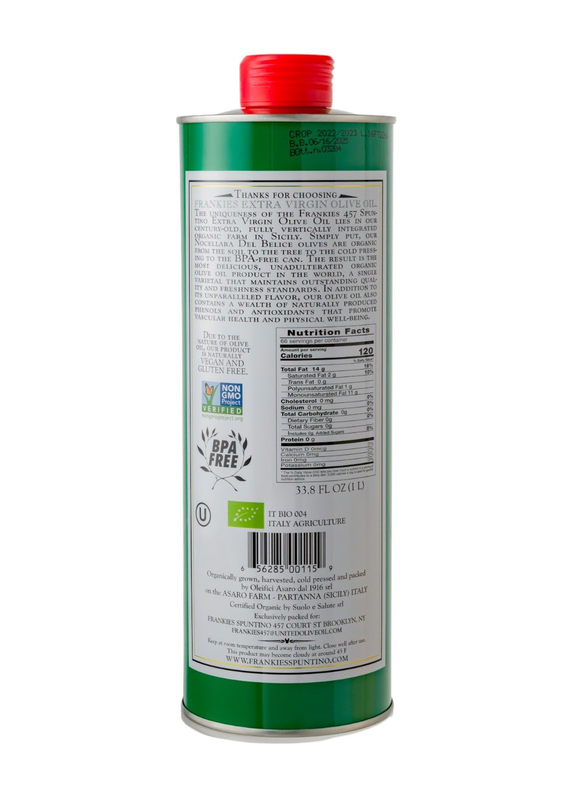 Frankies 457 Organic Olive Oil label close-up highlighting purity and heritage.