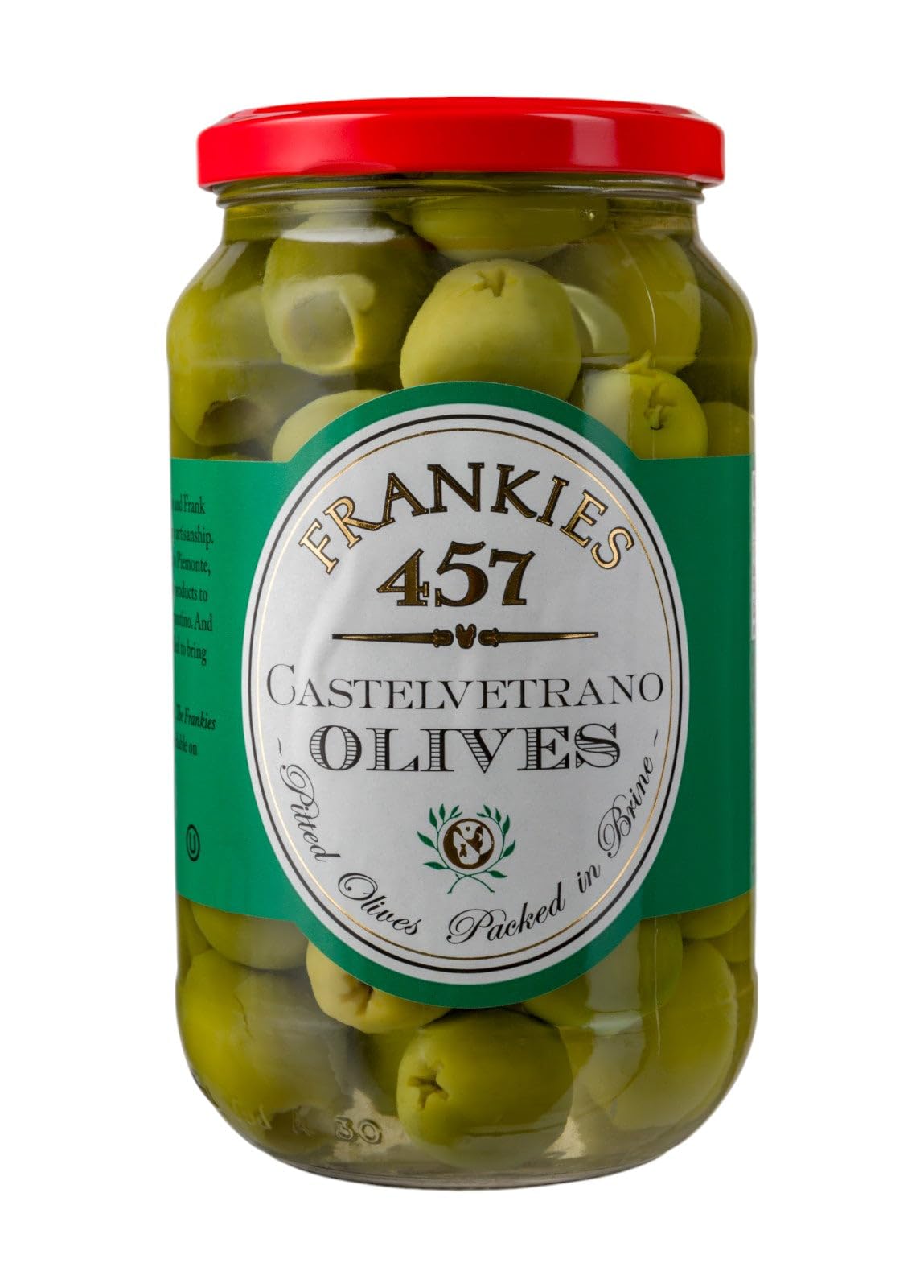 Frankies 457 pitted Castelvetrano olives in a jar, ready for quick chopping and sauces.