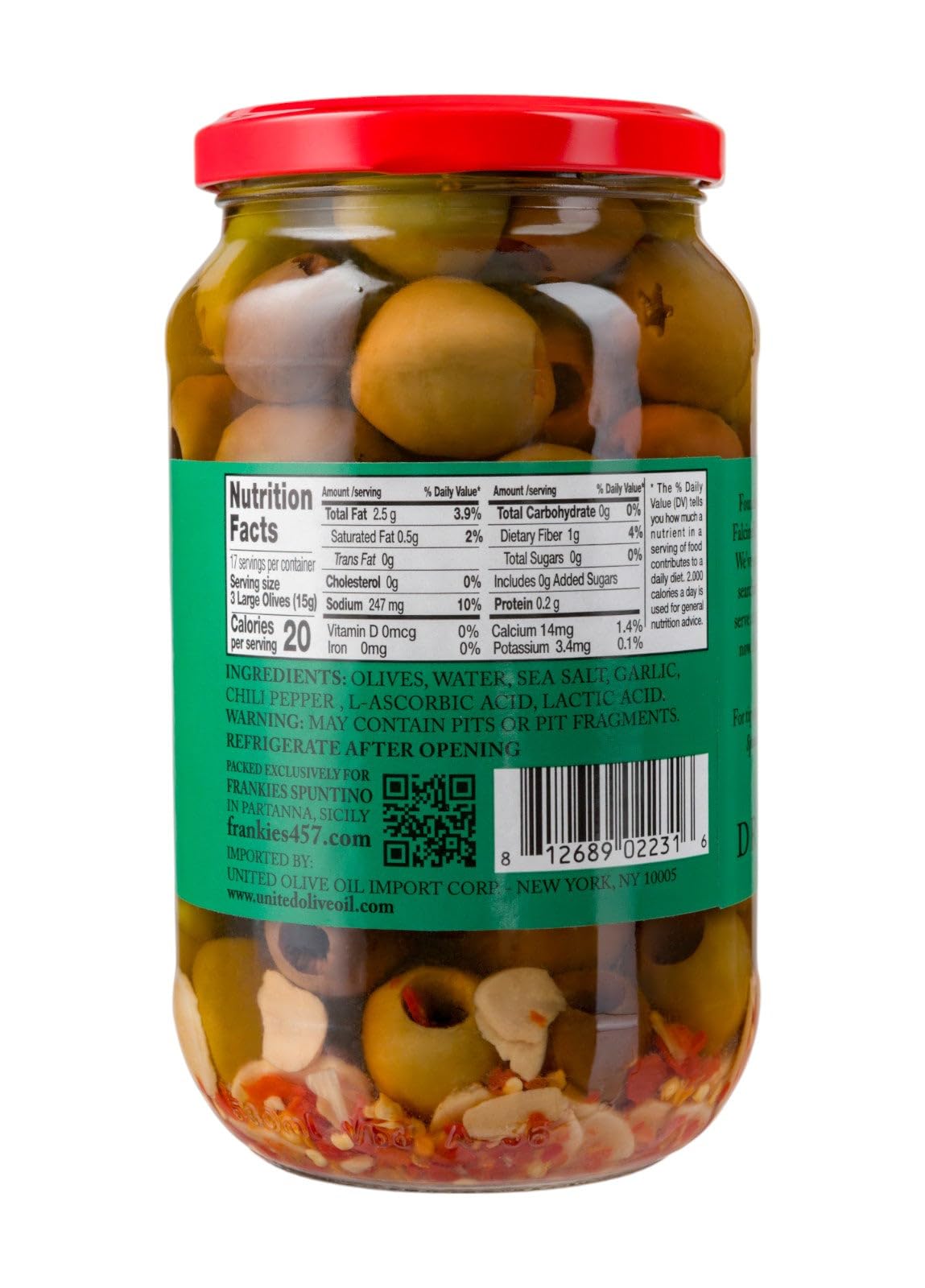 Frankies 457 pitted olives with garlic and chili for snacking.