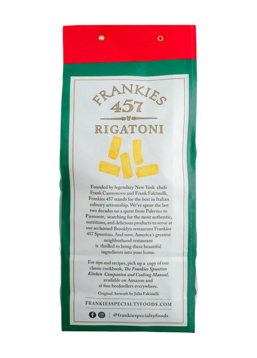 Frankies 457 rigatoni close-up, textured grooves ideal for thick sauces.