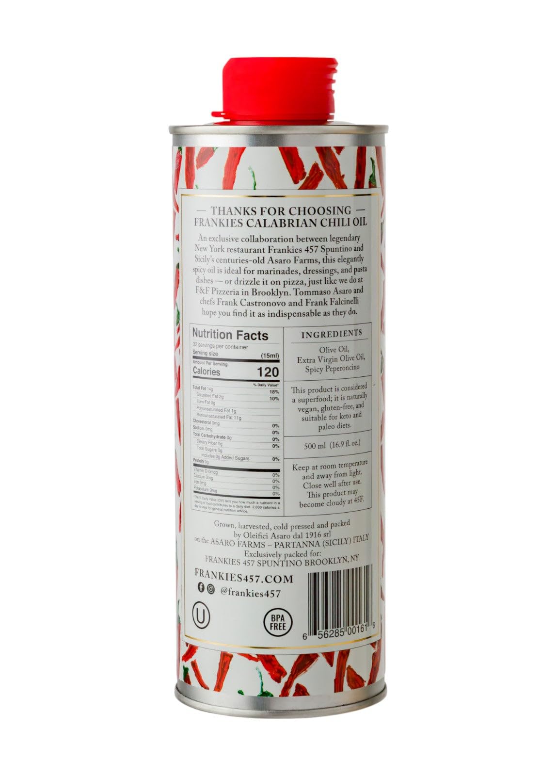 Close-up of Frankies 457 label showing premium EVOO and Calabrian chilis for versatile cooking