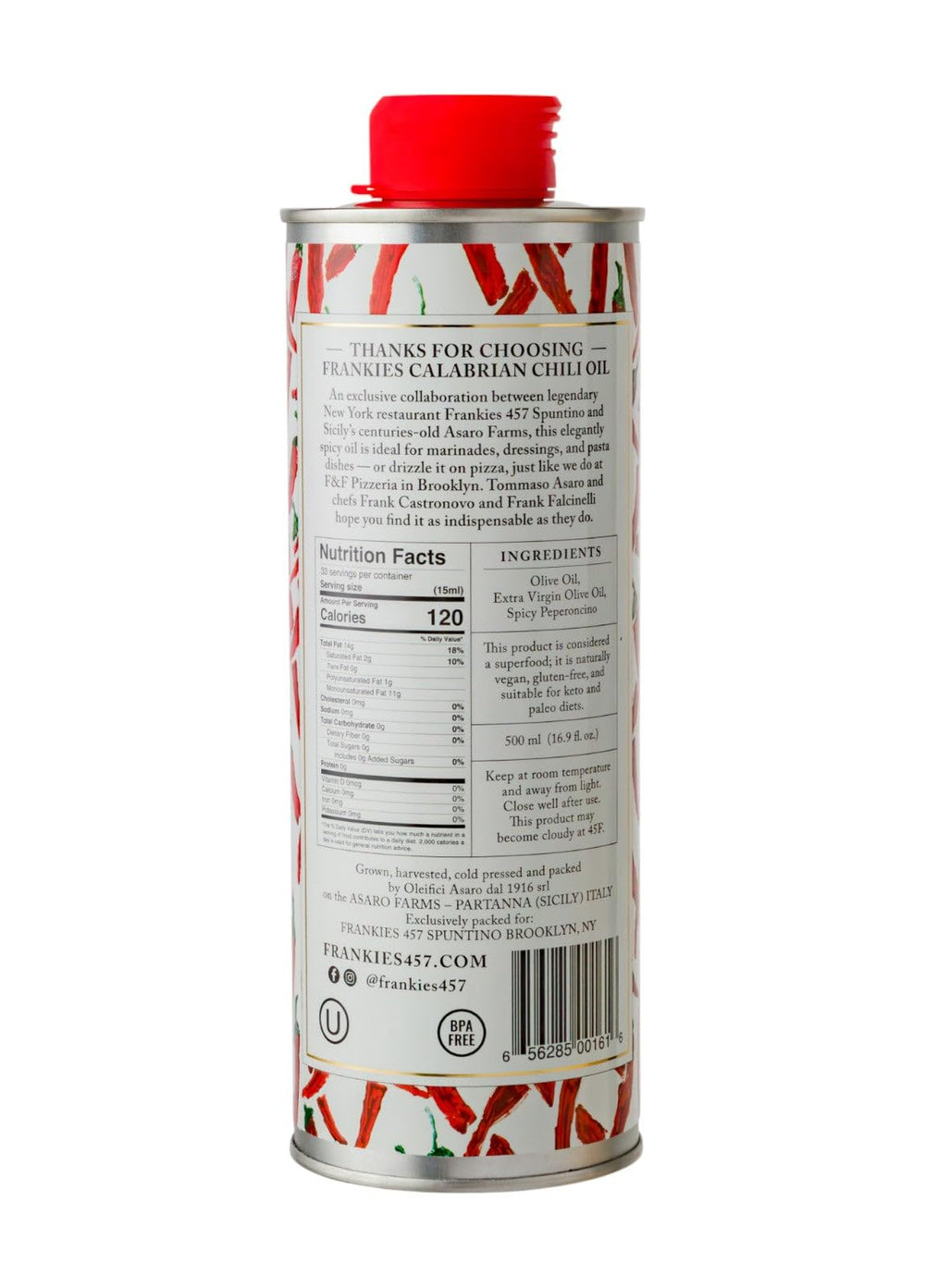 Close-up of Frankies 457 label showing premium EVOO and Calabrian chilis for versatile cooking