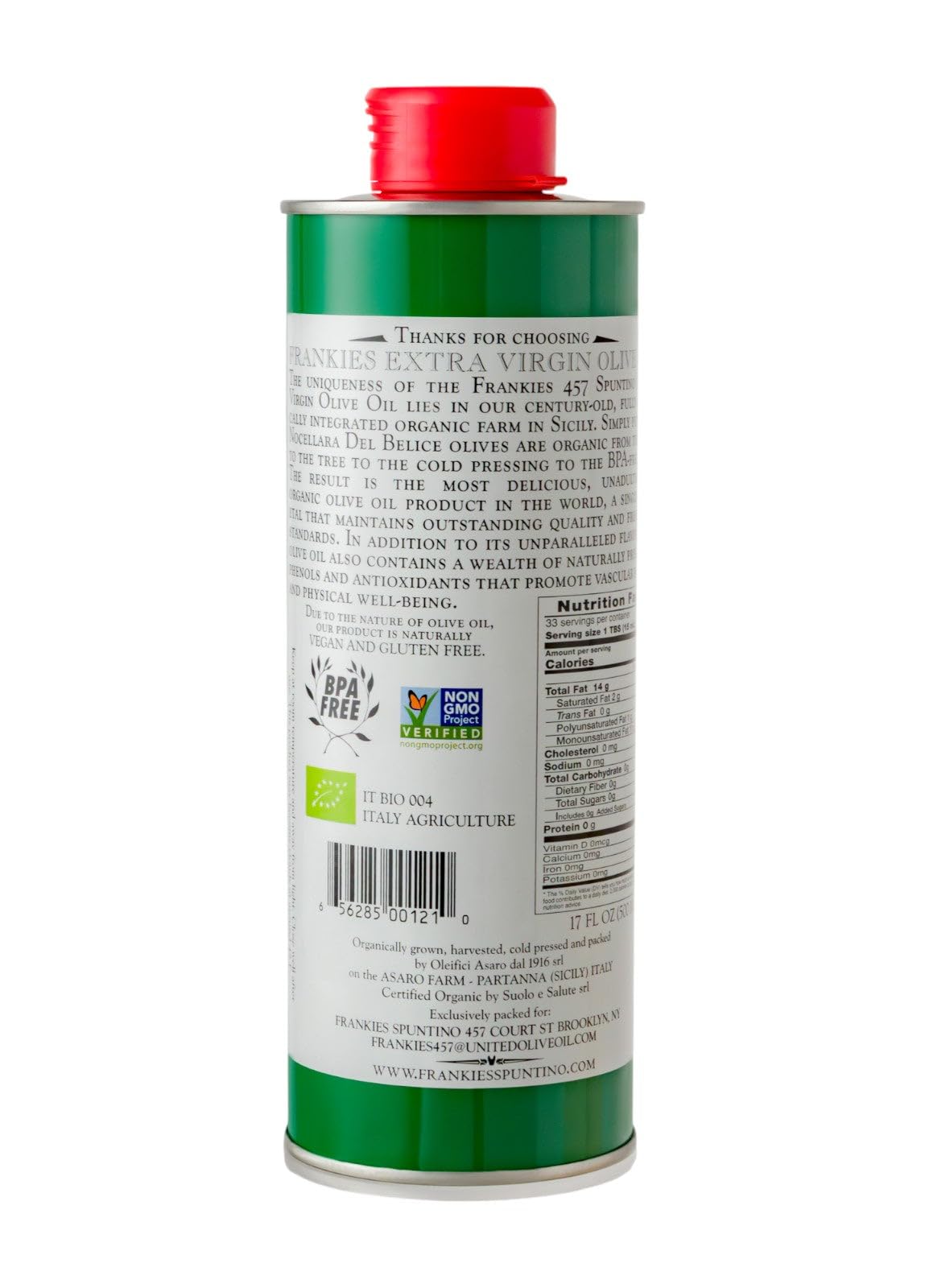 Frankies 457 olive oil bottle pouring to highlight first cold-pressed quality for cooks.