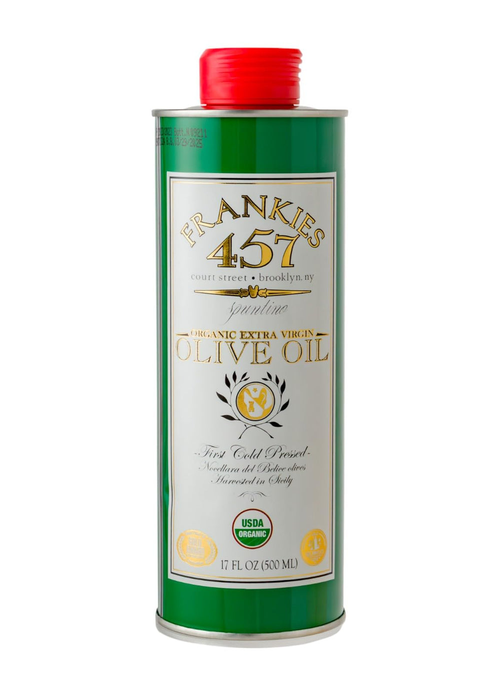 Frankies 457 organic EVOO bottle ready for cooking and finishing with pure flavor.