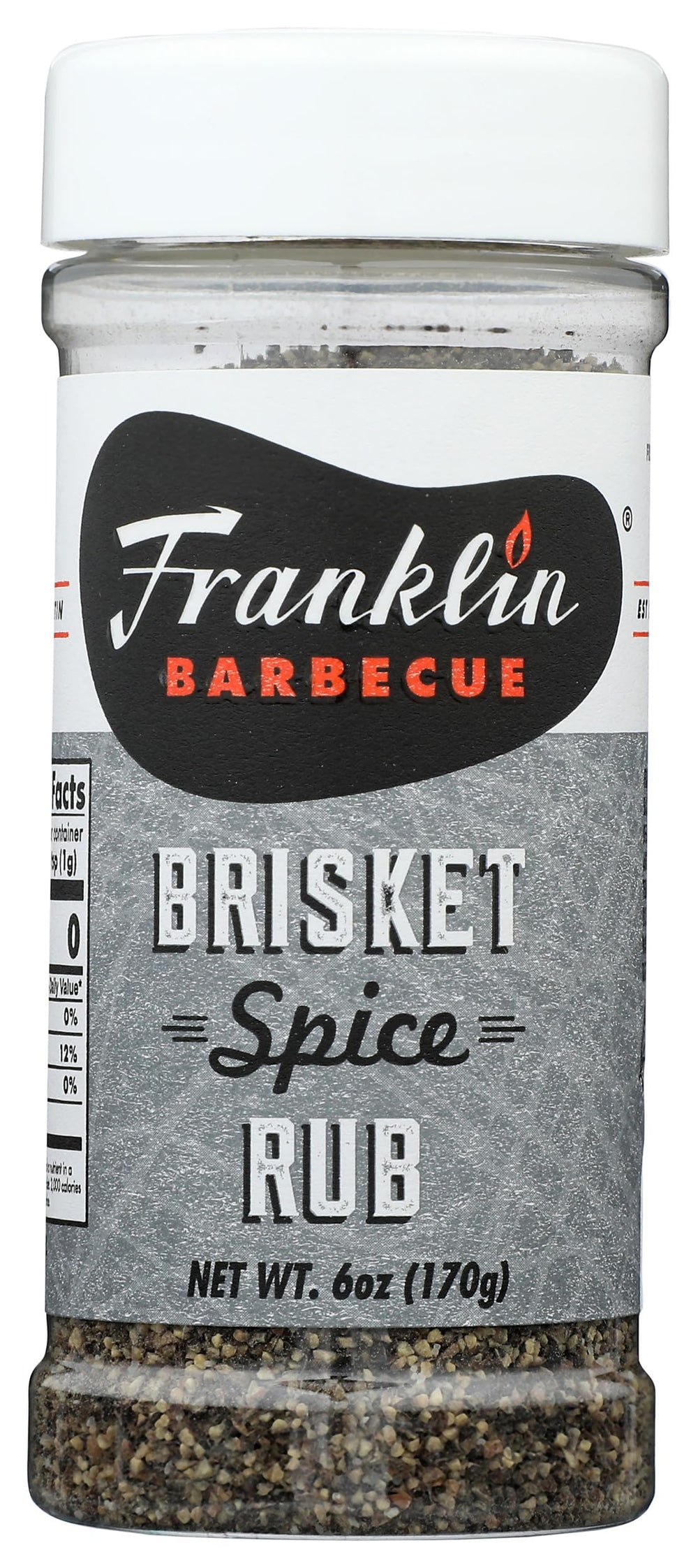 Franklin Barbecue Brisket Spice Rub jar front showcases premium seasoning for rich barbecue flavor.