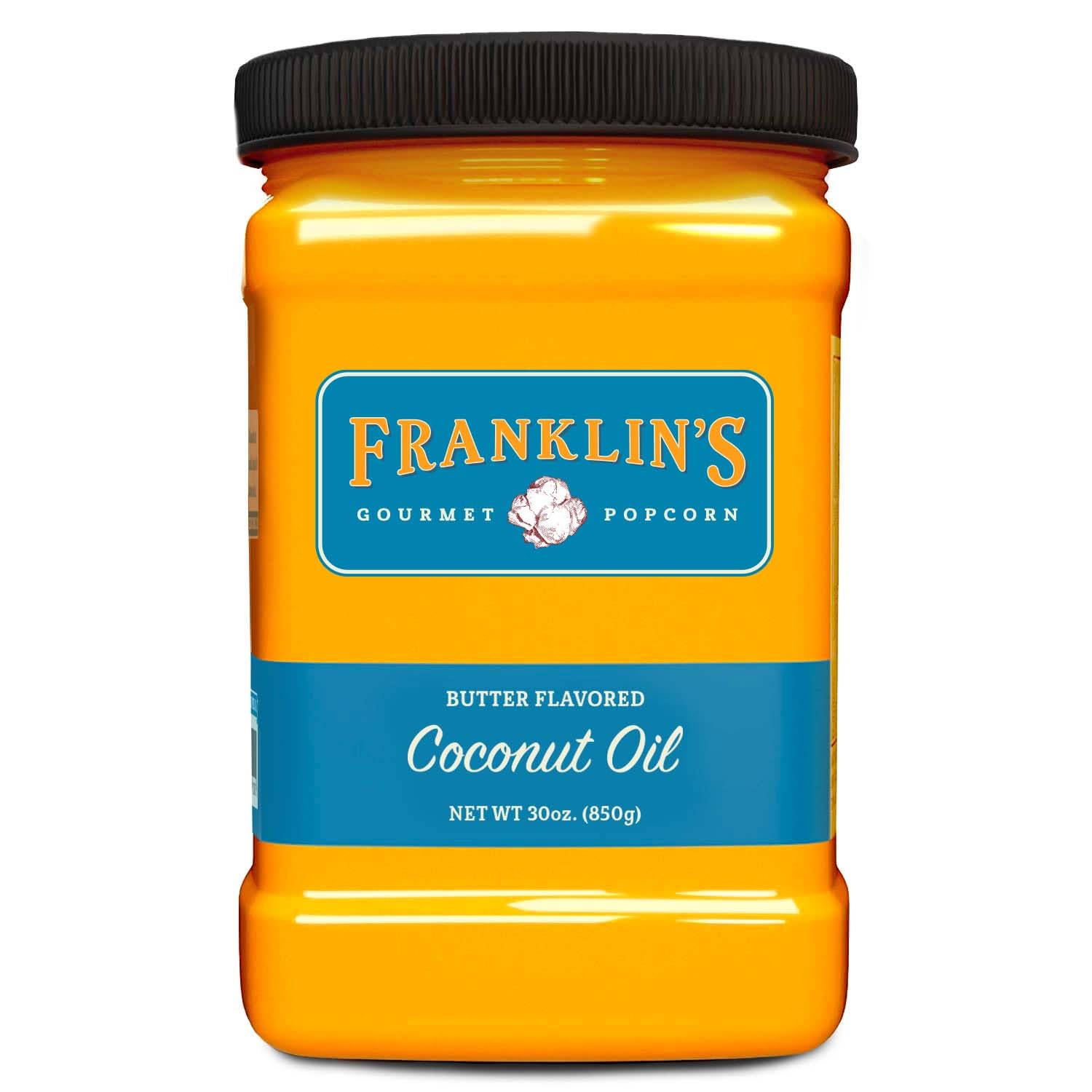 Franklin's Butter Flavored Coconut Oil bottle delivering rich movie-theater butter flavor at home.