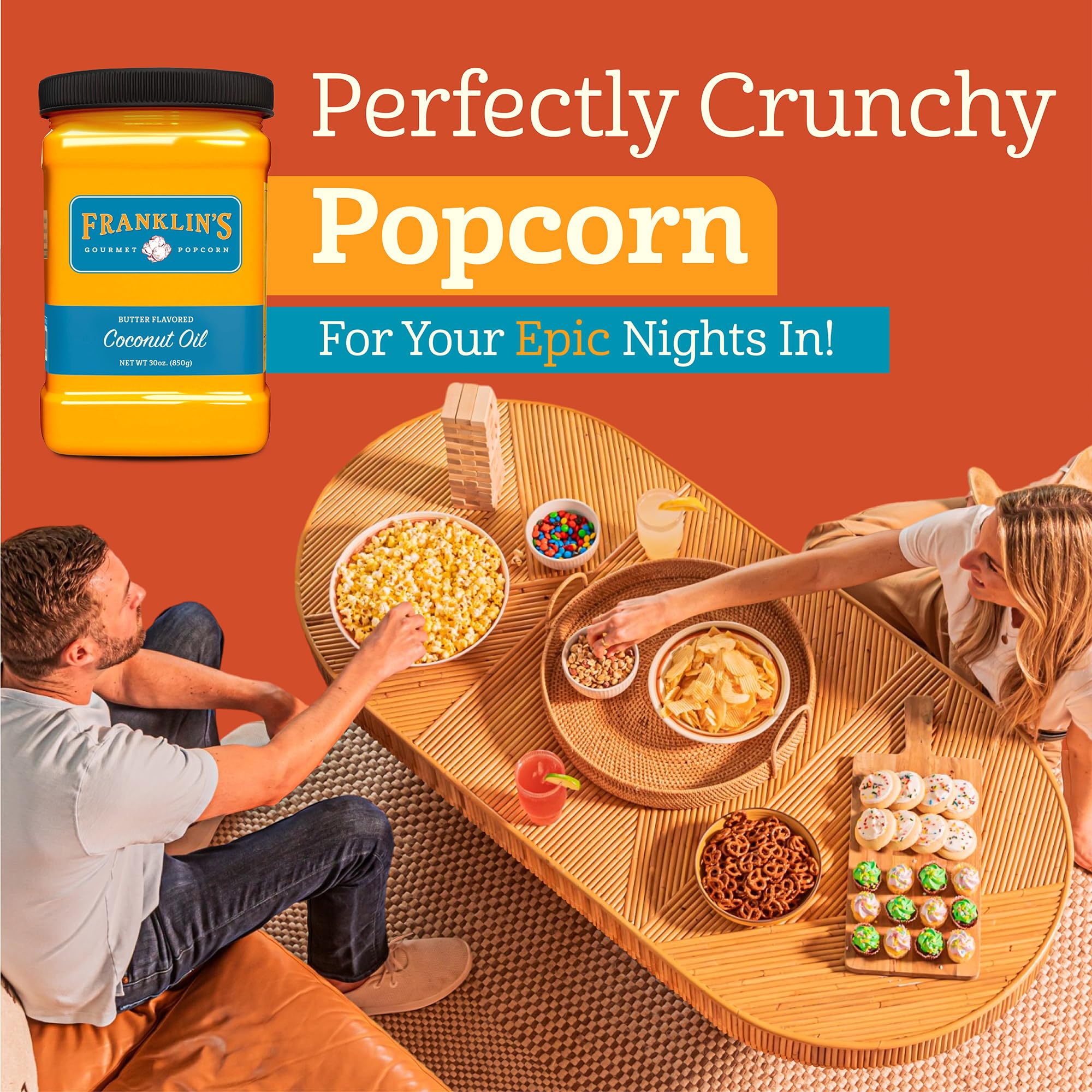 Franklin's butter flavored coconut oil supports versatile cooking beyond popcorn.