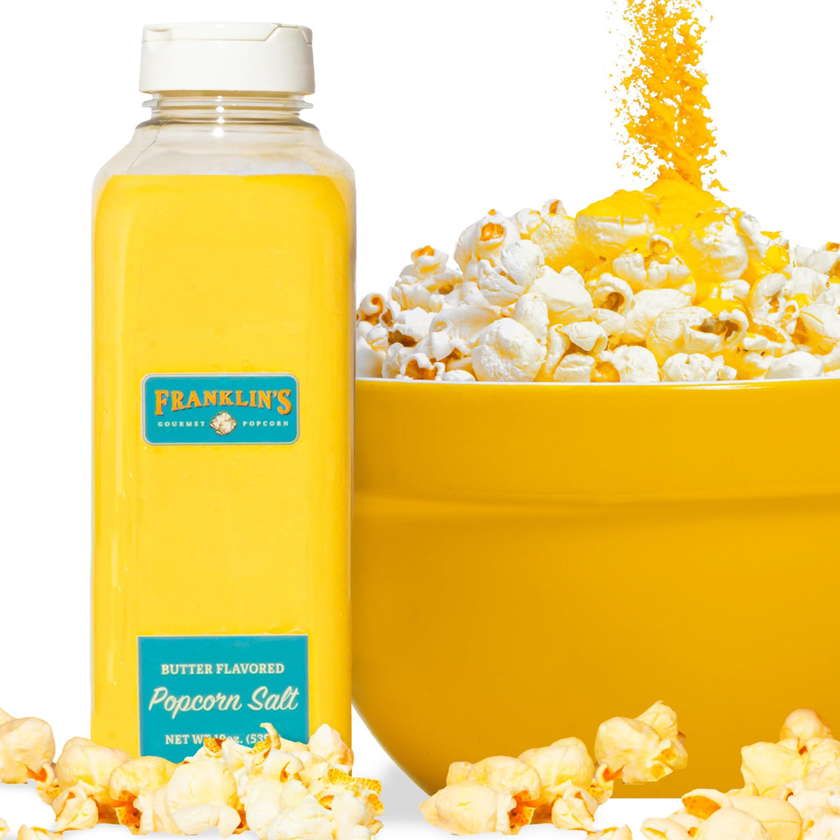 Franklin's Butter Flavored Salt bottle front adds theater-style flavor to popcorn.