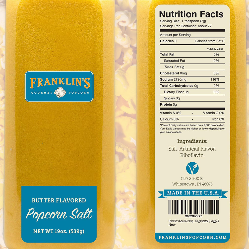 Close-up of Franklin's Butter Flavored Salt shaker shows fine texture for even seasoning.