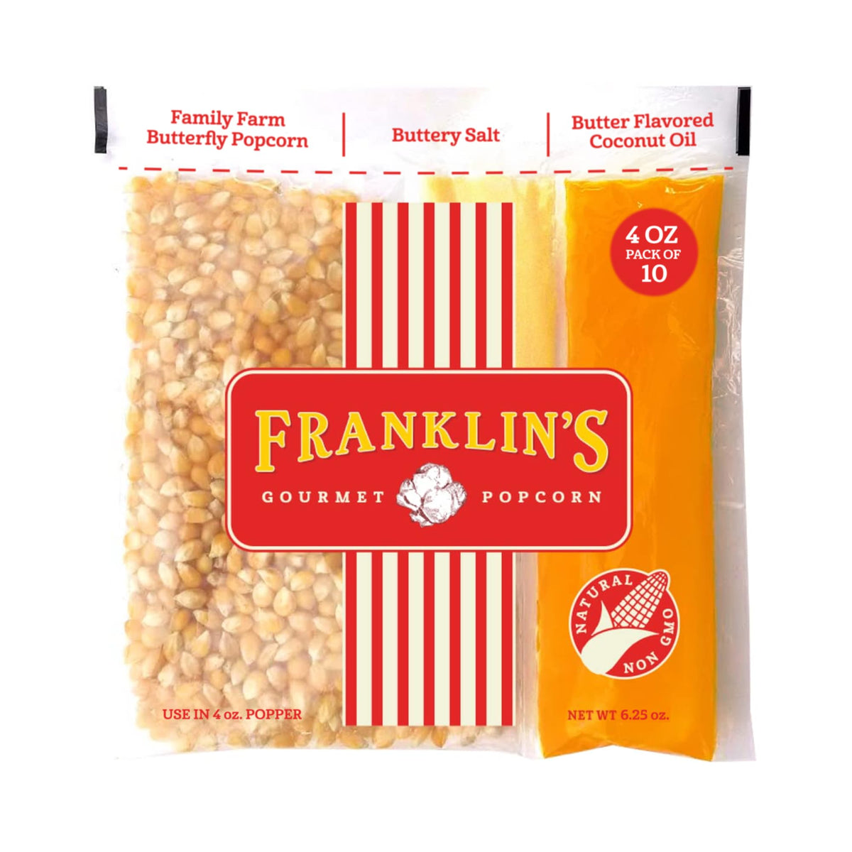 Franklin's Gourmet Popcorn all-in-one pack front view ready to pop