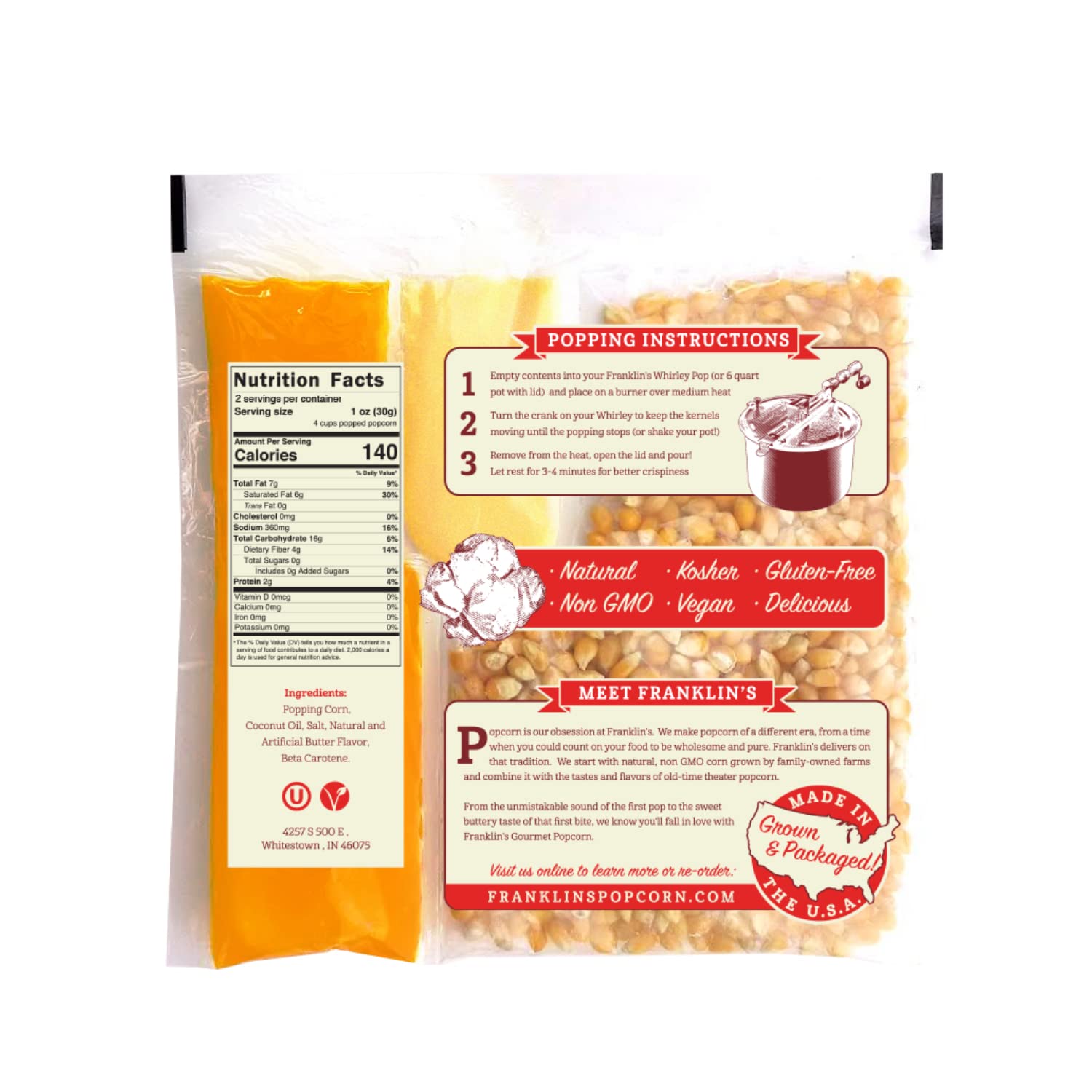 Close-up of Franklin's kernel pack with pre-measured ingredients for easy popping