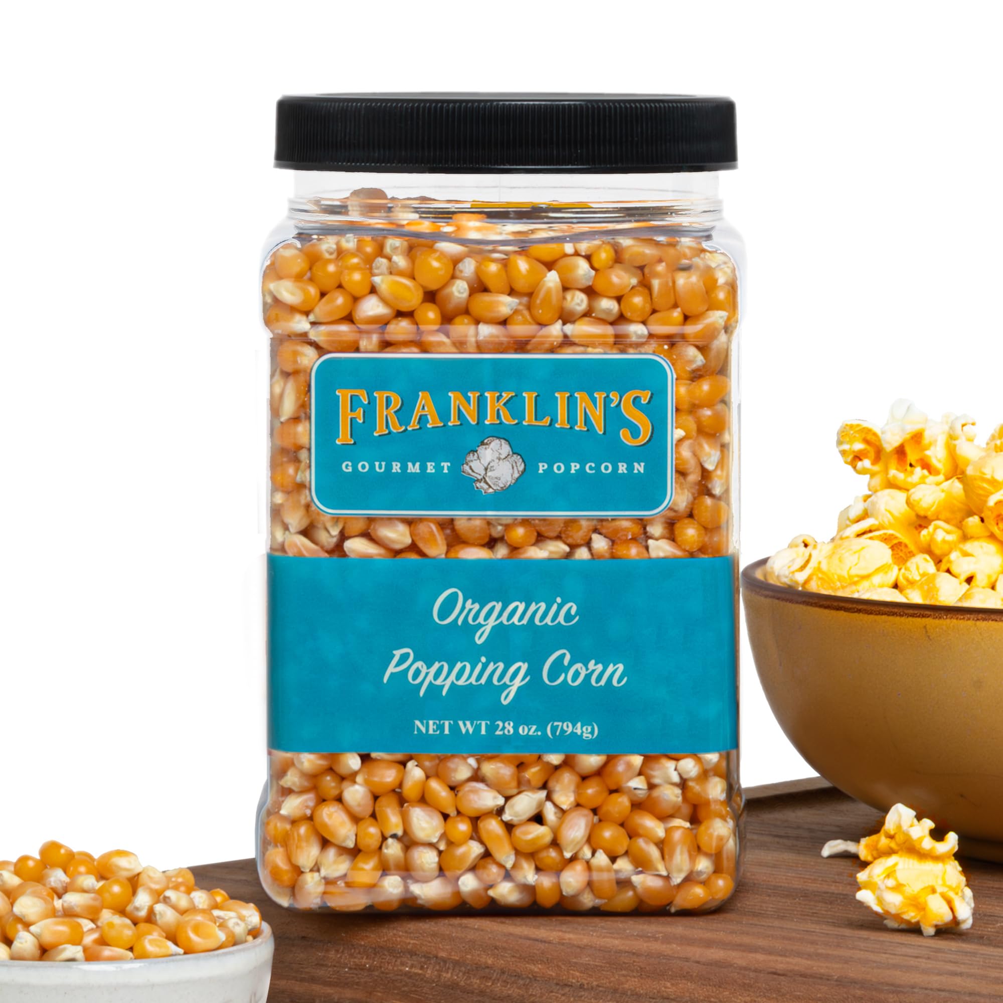 Franklin's Gourmet Popcorn organic kernels in 28oz tub for fresh theater-style popcorn at home