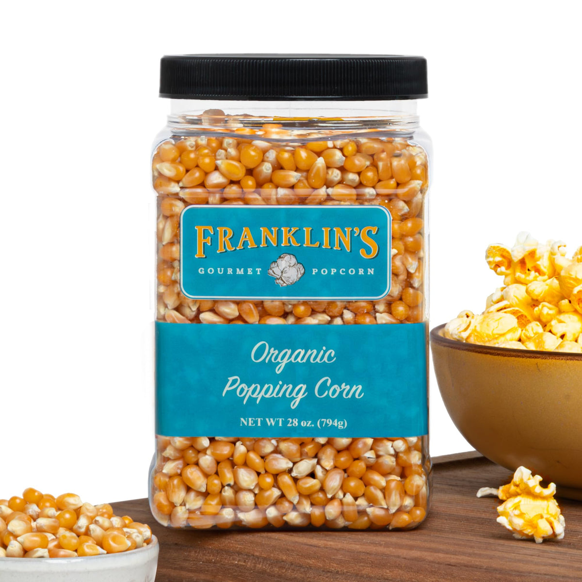 Franklin's Gourmet Popcorn organic kernels in 28oz tub for fresh theater-style popcorn at home
