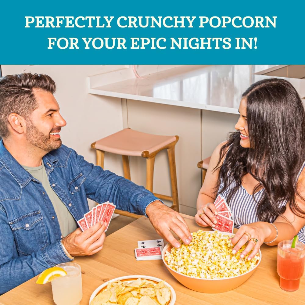 USA-made Franklin's Gourmet Popcorn kernels tub sits on a kitchen counter