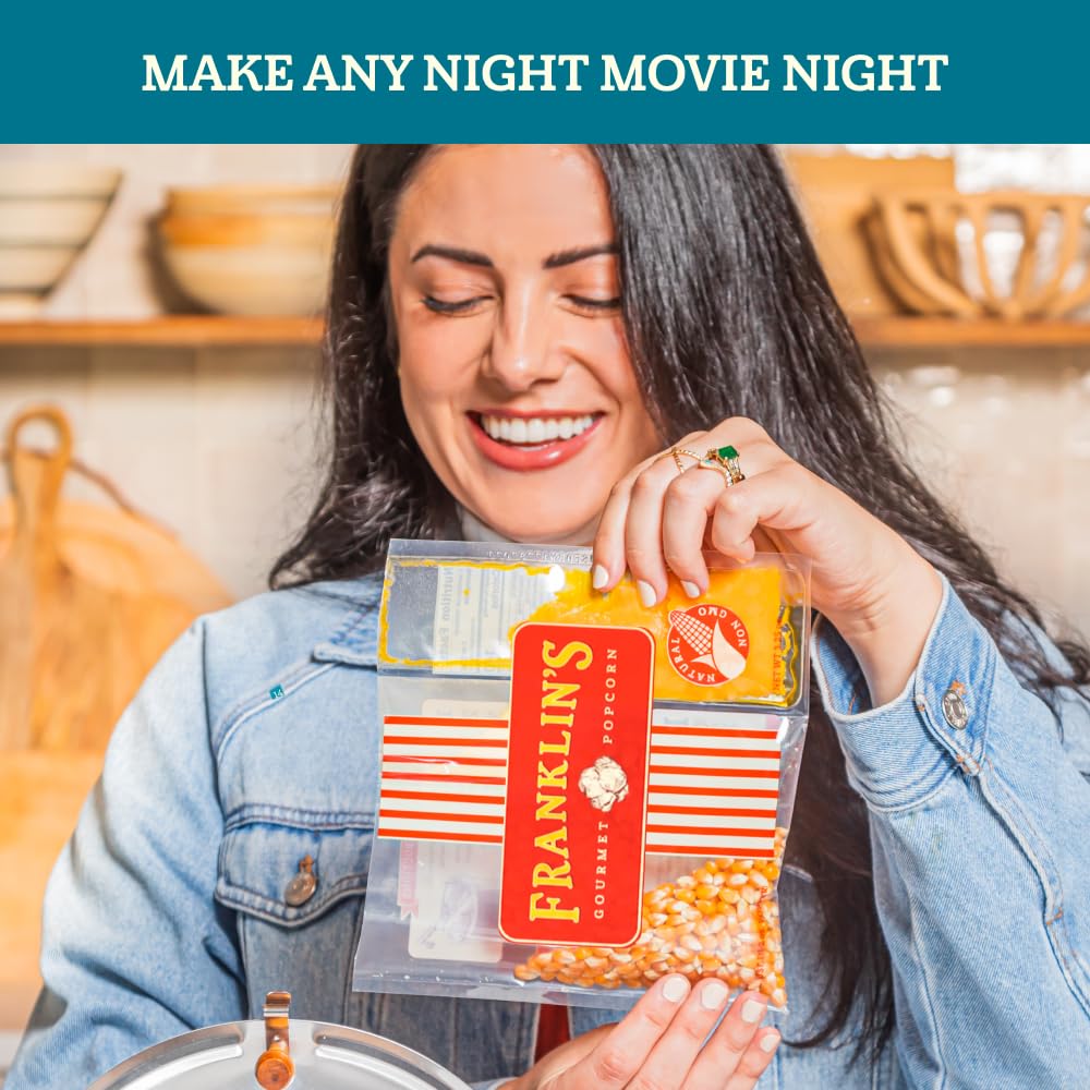 Microwave-ready Franklin's popcorn kits for quick, convenient snacks.