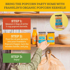 Franklin's organic kernels popping on the stove to produce light, fluffy popcorn