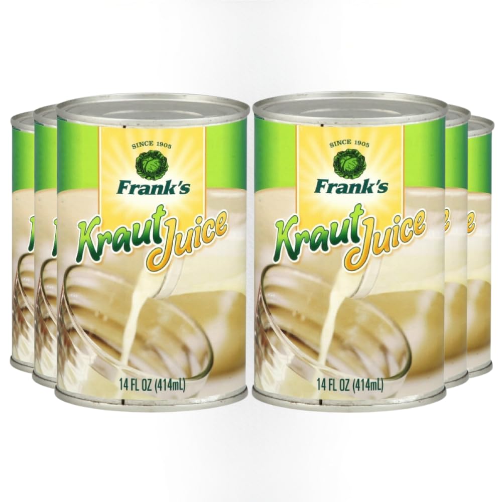 Frank’s Kraut Juice six-pack display – convenient shelf-stable juice for meals and drinks.