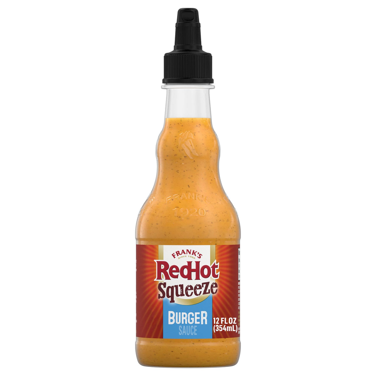Frank's RedHot Burger Sauce bottle pour shows bold, creamy heat for burgers