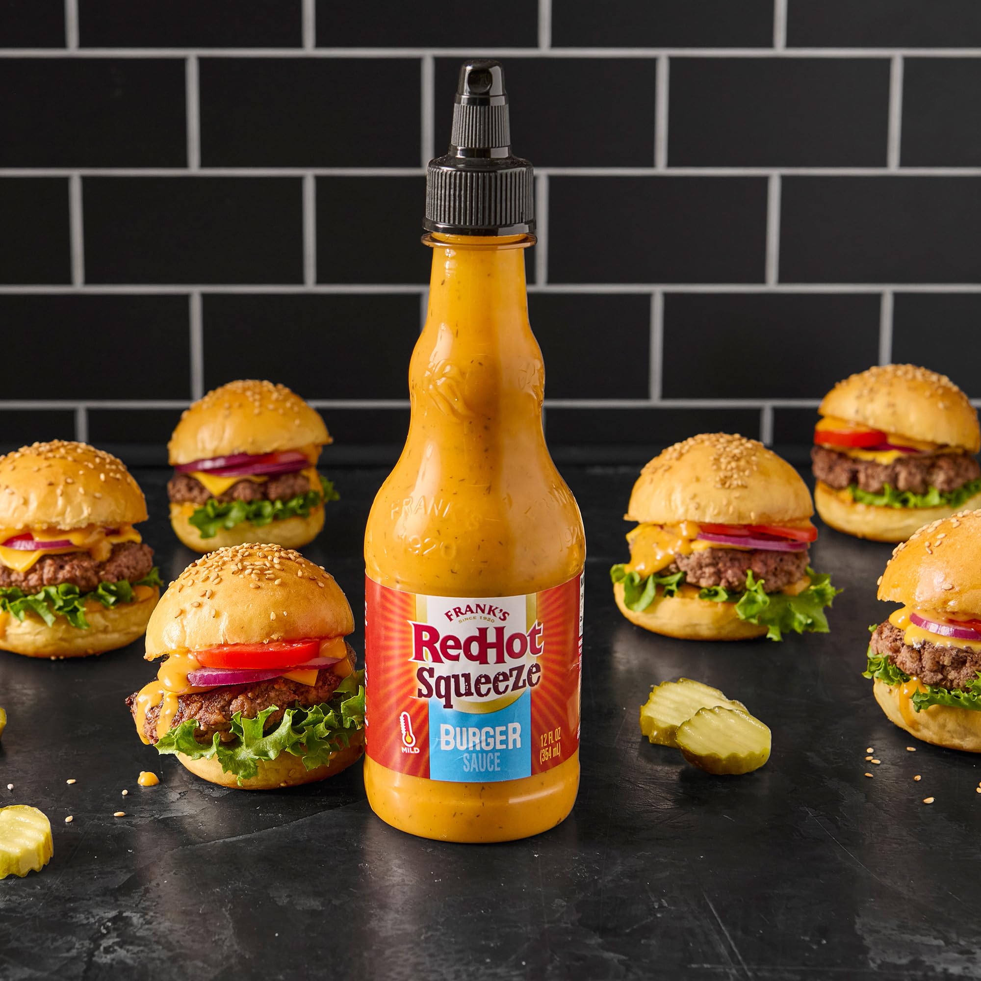 Squeeze bottle labeled Frank's RedHot Burger Sauce for easy use