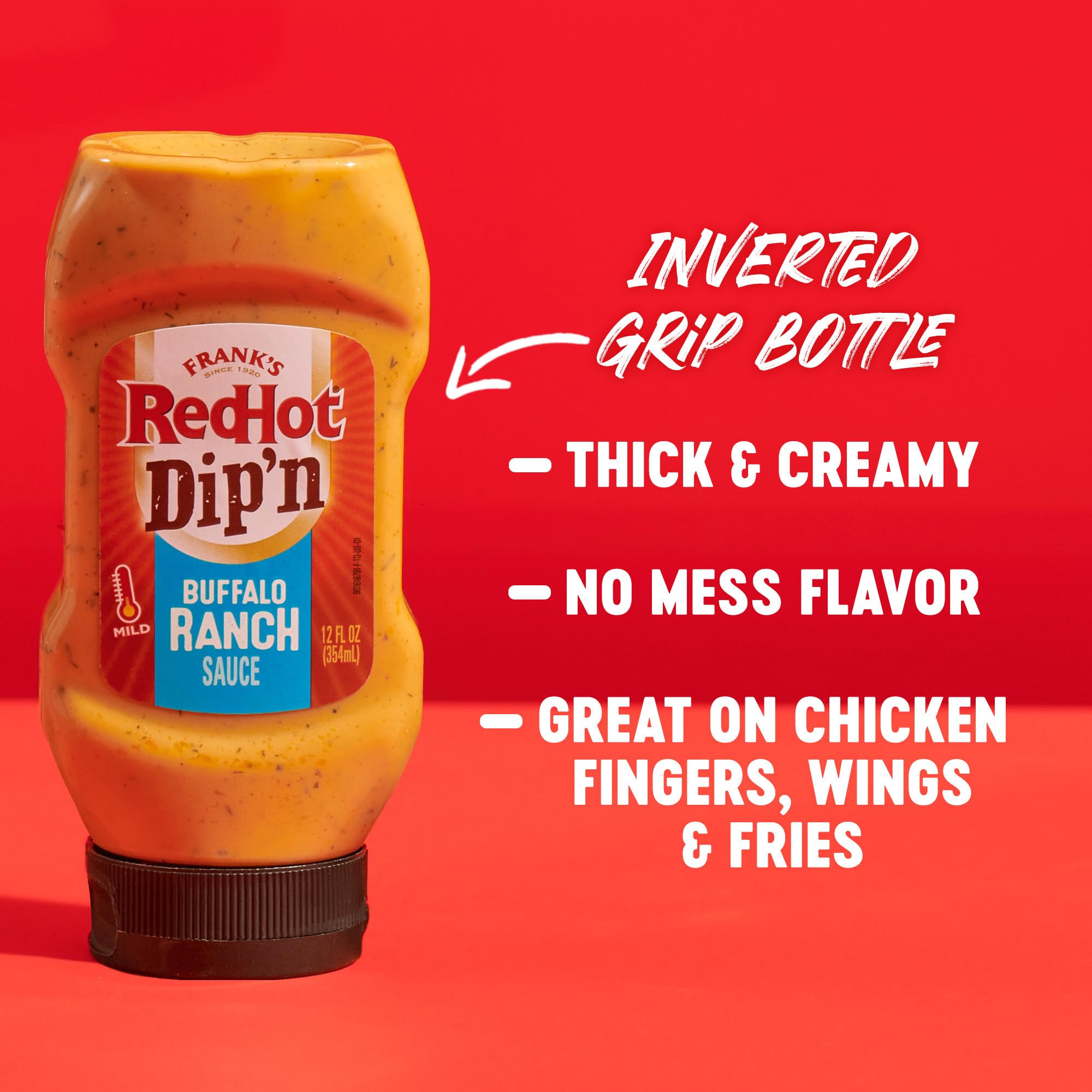 Franks RedHot Dip'n Buffalo Ranch sauce being squeezed for easy dip