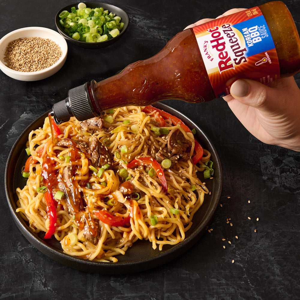 Frank's RedHot Korean BBQ sauce pizza drizzle shows bold finish for slices.