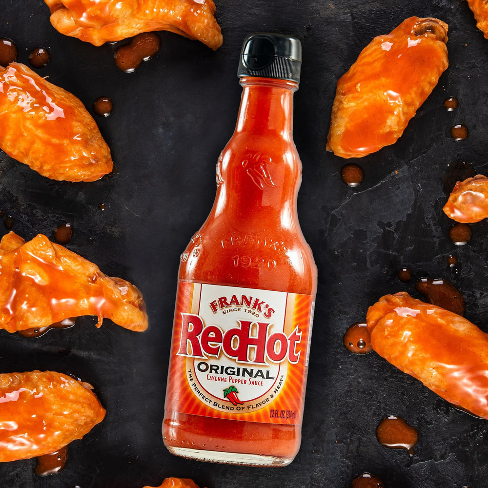 Franks RedHot Original 12 oz bottle ready for kitchen use