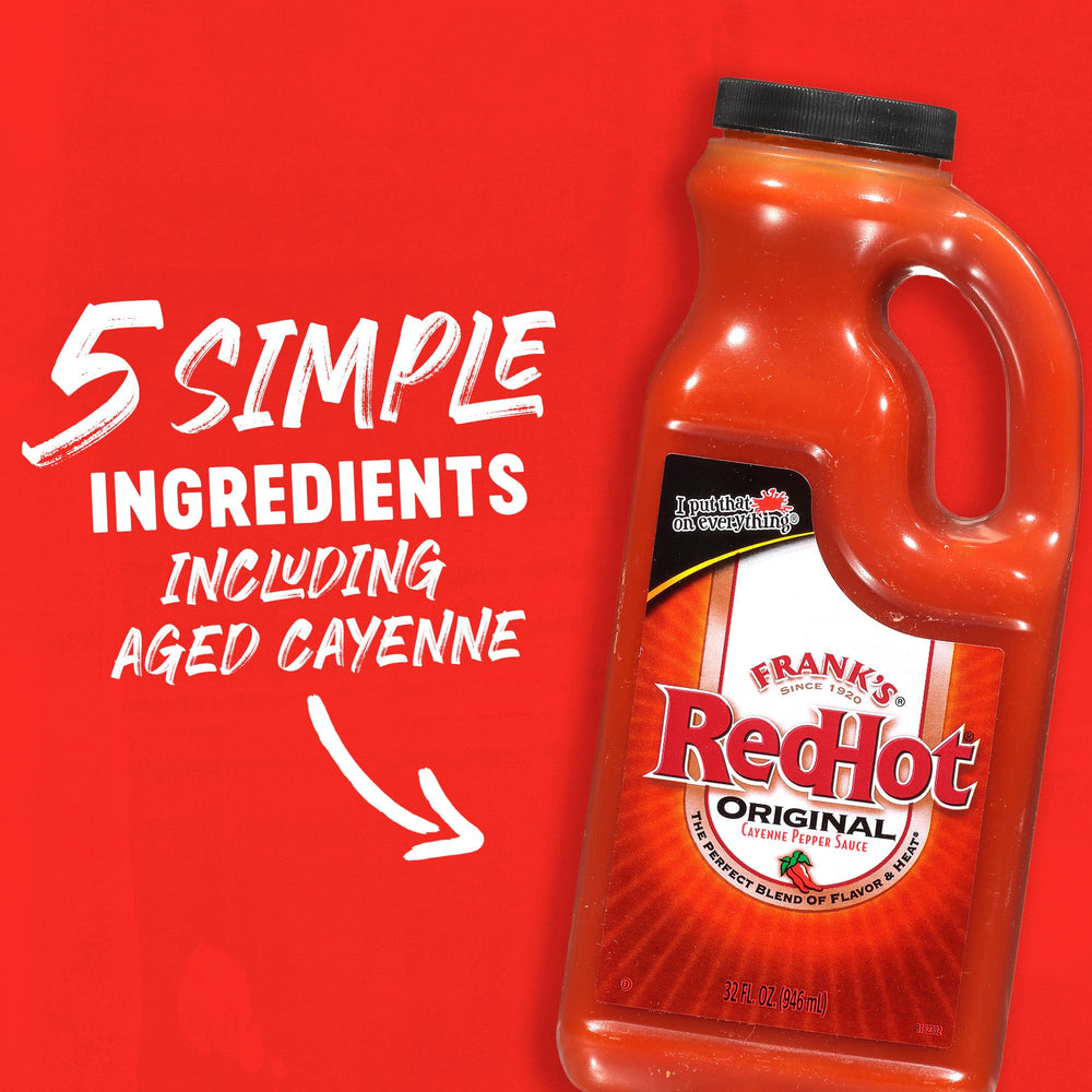Kitchen counter with Frank's RedHot 32oz bottle