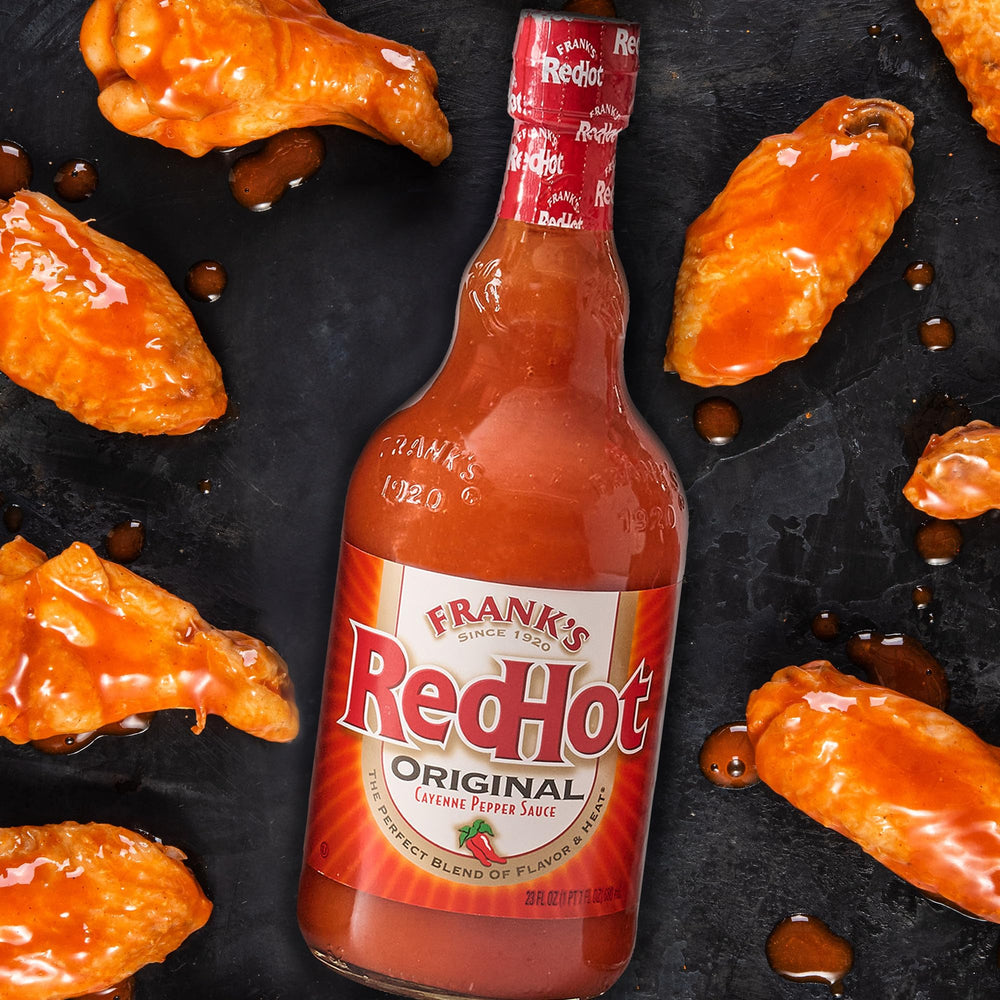 Frank's RedHot Original sauce bottle on kitchen counter ready for recipes