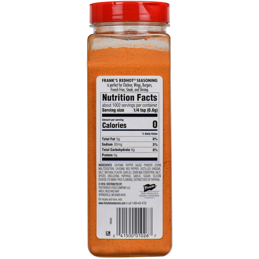 Franks RedHot Original Seasoning bottle closeup highlights garlic and cayenne aroma.
