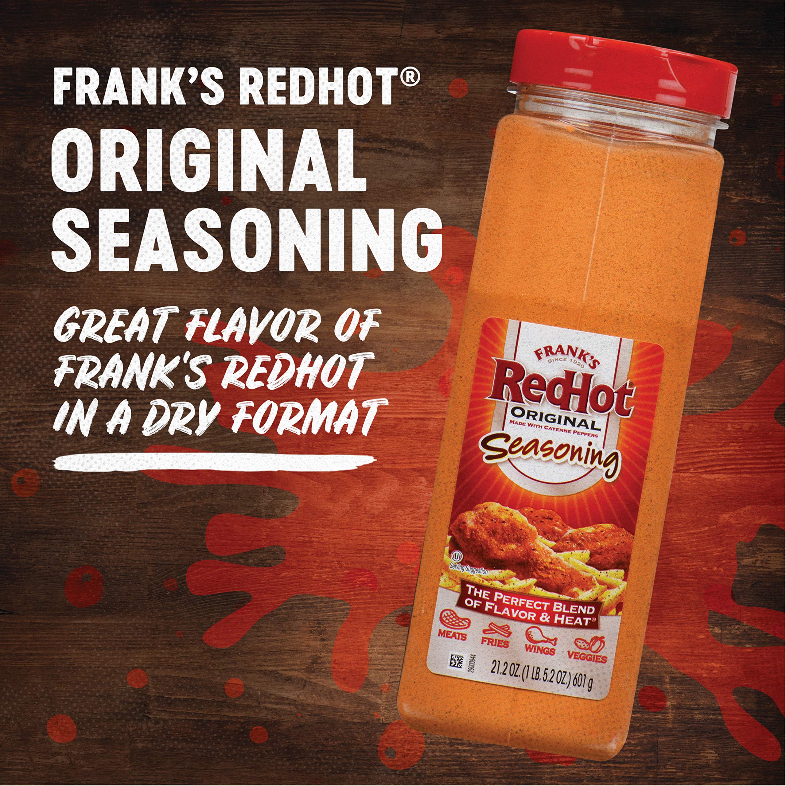 Franks RedHot Original Seasoning with dips and sauces setup emphasizes easy enhancements.